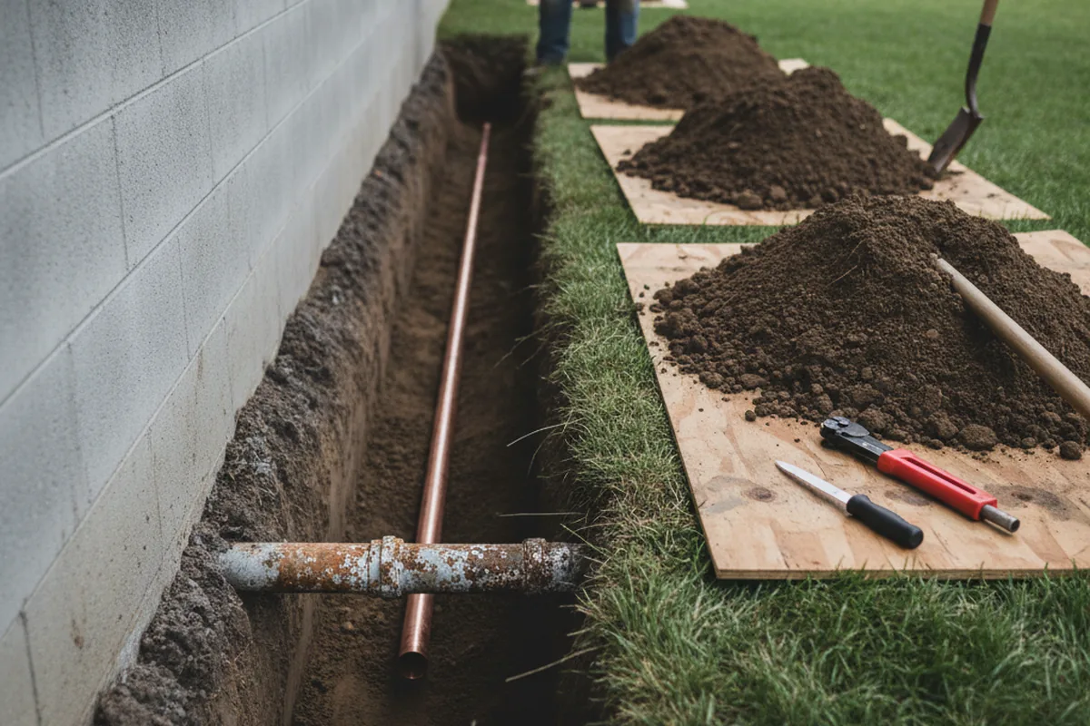 Excavated water line trench during Water Softener Installation in Carmel Valley